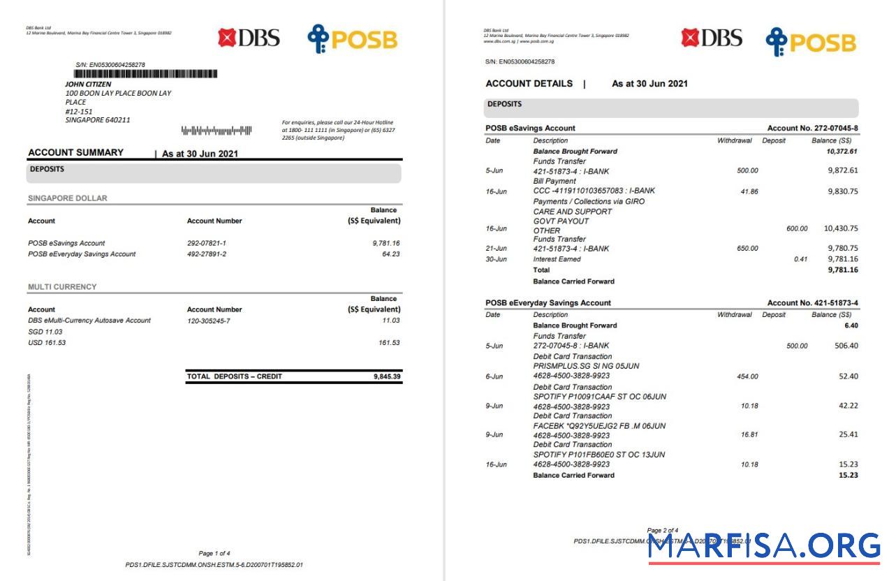 Realistic Singapore DBS bank statement word 4 pages template